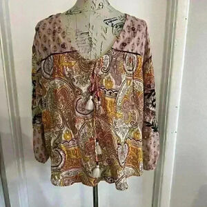 Anthropologie Kayleigh Boho Tassel Peasant Style Blouse Size L